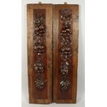 A GOOD PAIR OF 17TH/18TH CENTURY CARVED FRUITWOOD PANELS. 35ins X 4.5ins in an oak frame