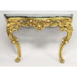 AN 18TH / 19TH CENTURY GILT WOOD AND MARBLE CONSOLE TABLE, the later marble top of serpentine