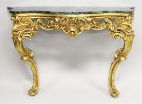 AN 18TH / 19TH CENTURY GILT WOOD AND MARBLE CONSOLE TABLE, the later marble top of serpentine