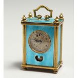 A VERY GOOD MINIATURE METAL DORE, BREVET, 93017, ENAMEL CLOCK with column corners. 1.75ins high.