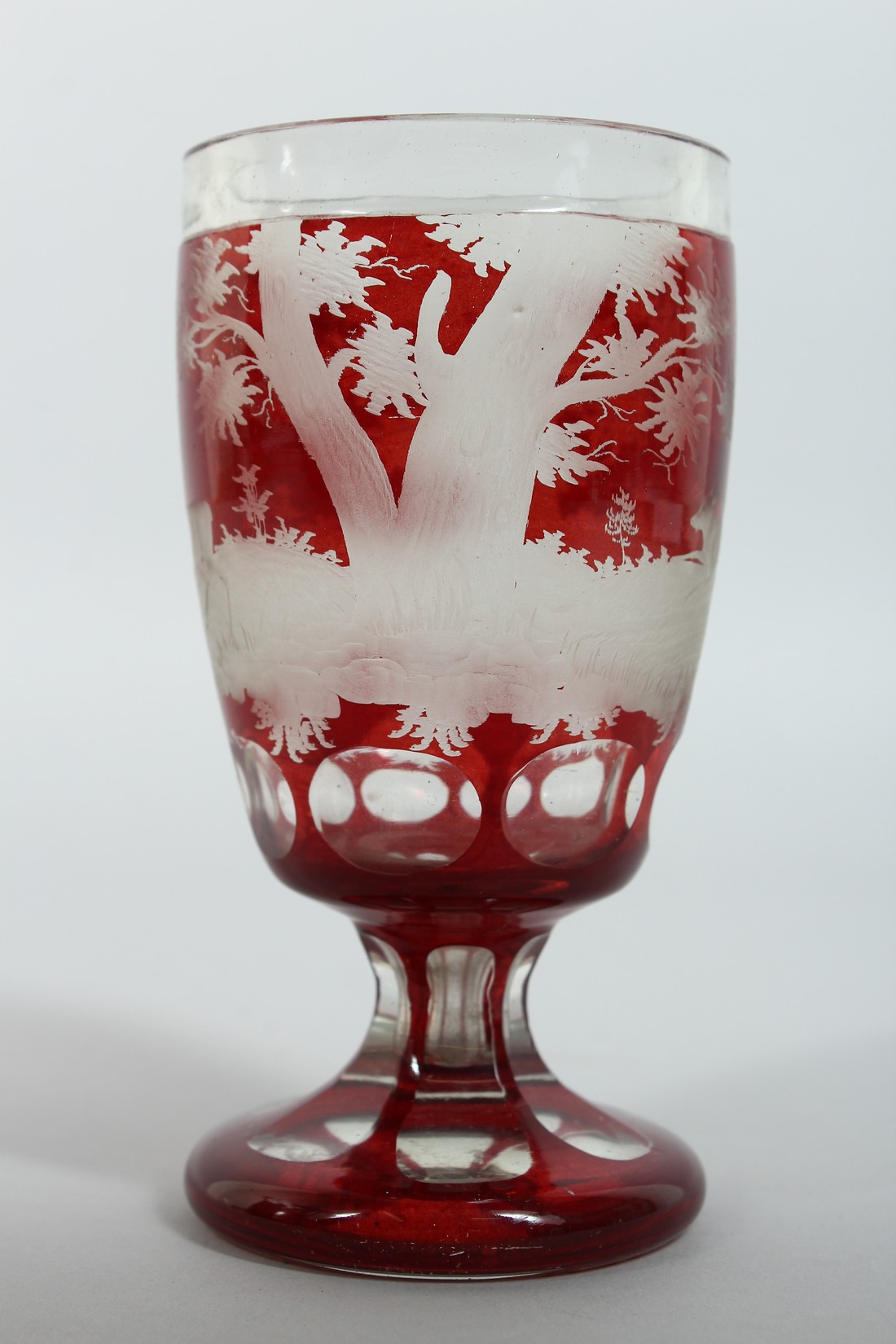 A GOOD BOHEMIAN GOBLET engraved with deer in a landscape on a circular base. 5.5ins high. - Image 2 of 7