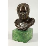 A SMALL BRONZE BUST OF THE ROMAN EMPEROR VITELLIUS on a marble base. 5ins high,