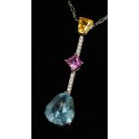 A DIAMOND, BLUE TOPAZ, PINK, AND YELLOW SAPPHIRE PENDANT.