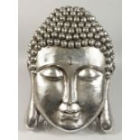 A LARGE SILVERED WALL PLAQUE OF BUDDHA. 20ins long.
