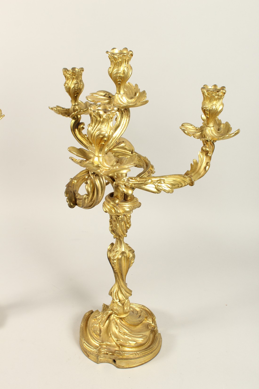 A GOOD PAIR OF ROCOCCO ORMOLU FOUR LIGHT CANDELABRA, with four naturalistic scrolling branches on - Image 3 of 5