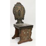 AN UNUSUAL LATE 19TH CENTURY ITALIAN RENAISSANCE WALNUT HALL CHAIR, the shaped back panel with