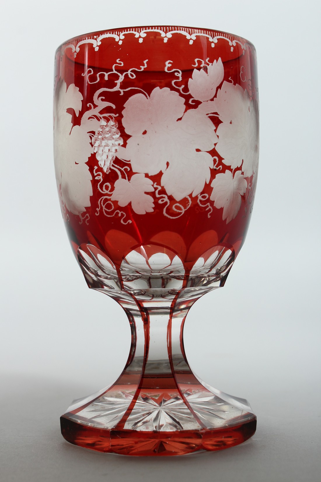 A GOOD BOHEMIAN GOBLET ENGRAVED WITH FRUITING VINES on an octagonal base. 5.5ins high. - Image 4 of 7