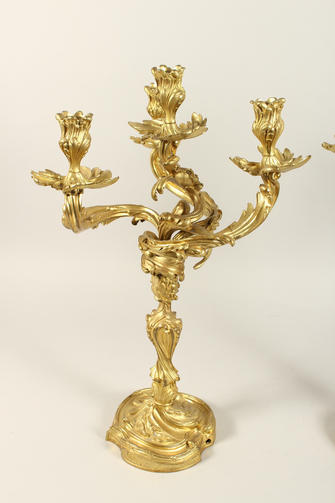 A GOOD PAIR OF ROCOCCO ORMOLU FOUR LIGHT CANDELABRA, with four naturalistic scrolling branches on - Image 2 of 5