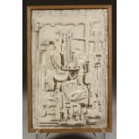 A PARIS PLASTER CUBIST PATTERN PANEL. Signed N. Harris, Paris. 13ins x 10ins