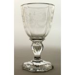 A SUPERB WHEEL ENGRAVED GOBLET I H S. Inscribed `C' and with garlands. 6.25ins high.