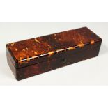 A GOOD 19TH CENTURY TORTOISESHELL LONG BOX AND COVER with velvet liner. 11.5ins long.
