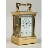 A VERY GOOD FRENCH BRASS CARRIAGE CLOCK, Rapport Fondes, 1900, with four dials, repeat button,
