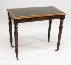 A 19TH CENTURY GILLOW MAHOGANY SMALL WRITING TABLE with inset leather writing surface, the single