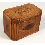 A GOOD GEORGE III YEW WOOD INLAID TEA CADDY, crossbanded with ovals. 7.5ins.