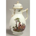 AN 18TH CENTURY MEISSEN COFFEE POT AND COVER painted with reverse scenes of figures and sprigs of