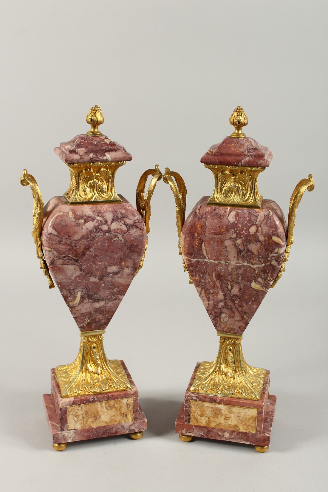 A GOOD PAIR OF MARBLE AND ORMOLU TWO HANDLED SIDE PIECES. 15ins high. - Image 5 of 6