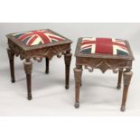 A PAIR OF UNION JACK STOOLS 22ins high.