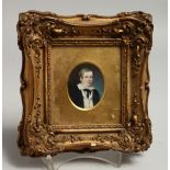 A FRAMED MINIATURE PORTRAIT OF A SCHOOL BOY in a moulded gilt frame.