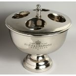 A SILVER-PLATED MOET AND CHANDON CIRCULAR FOUR BOTTLE WINE COOLER AND COVER. 14ins high.