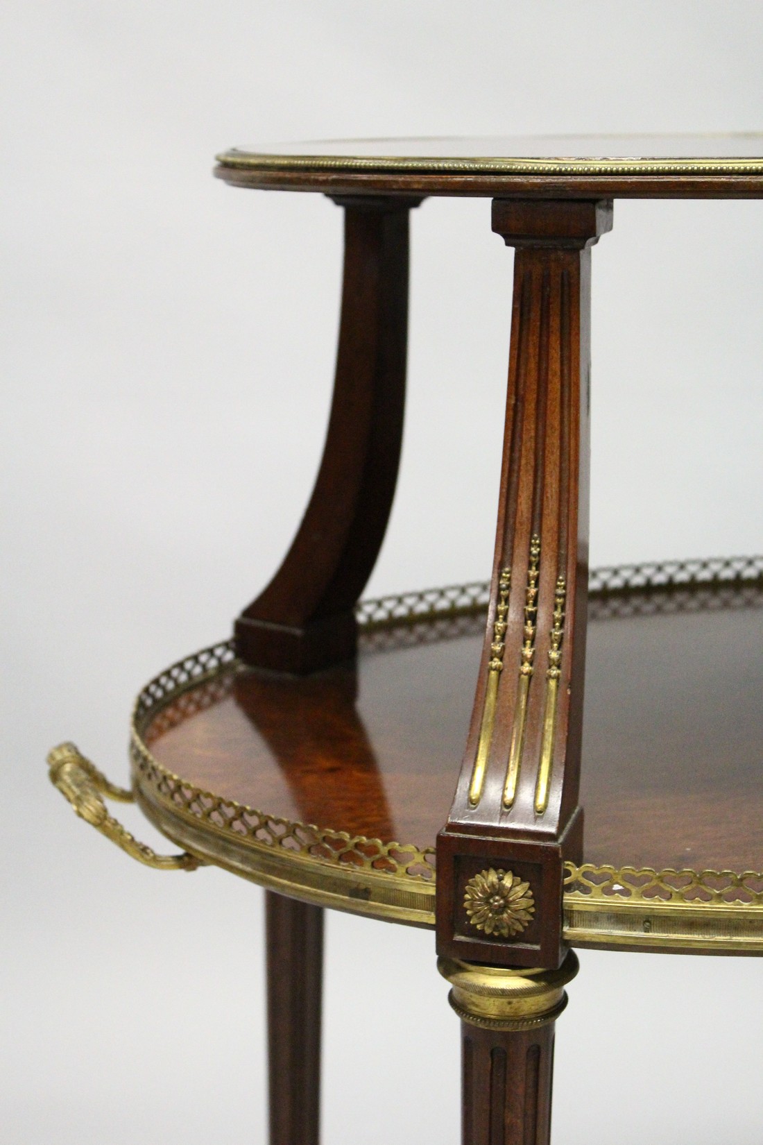 A VERY GOOD 19TH CENTURY MAHOGANY OVAL AND TWO TIER ETAGERE, with brass banding and gallery on - Image 2 of 6