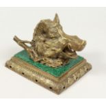 A19TH CENTURY BRASS AND FAUX-MALACHITE BOARS HEAD INKSTAND. 7ins.