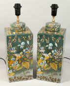 A GOOD PAIR OF PORCELAIN SQUARE LAMPS decorated with parrots and flowers. 22ins high