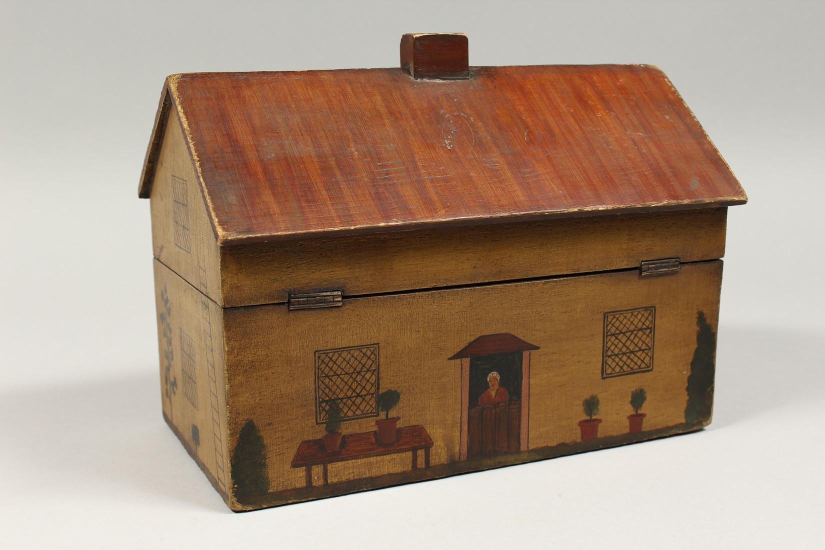 A RARE TWO DIVISION HOUSE/ COTTAGE TEA CADDY, the front painted with door, windows, a woman - Image 3 of 8