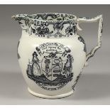 A GOOD TRANSFER PRINTED JUG "God speed the plough" and "The Farmer's Arms" 8ins high.