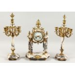 A LOUIS XVI DESIGN VEINED MARBLE AND ORMOLU CLOCK GARNITURE, the side pieces with four scrolling