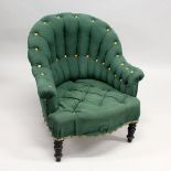 A 19TH CENTURY BUTTON UPHOLSTERED NURSING / BEDROOM CHAIR, on turned and ebonised front legs