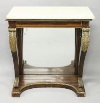 A REGENCY ROSEWOOD AND PARCEL GILDED CONSOLE TABLE, with a rectangular white marble top over a
