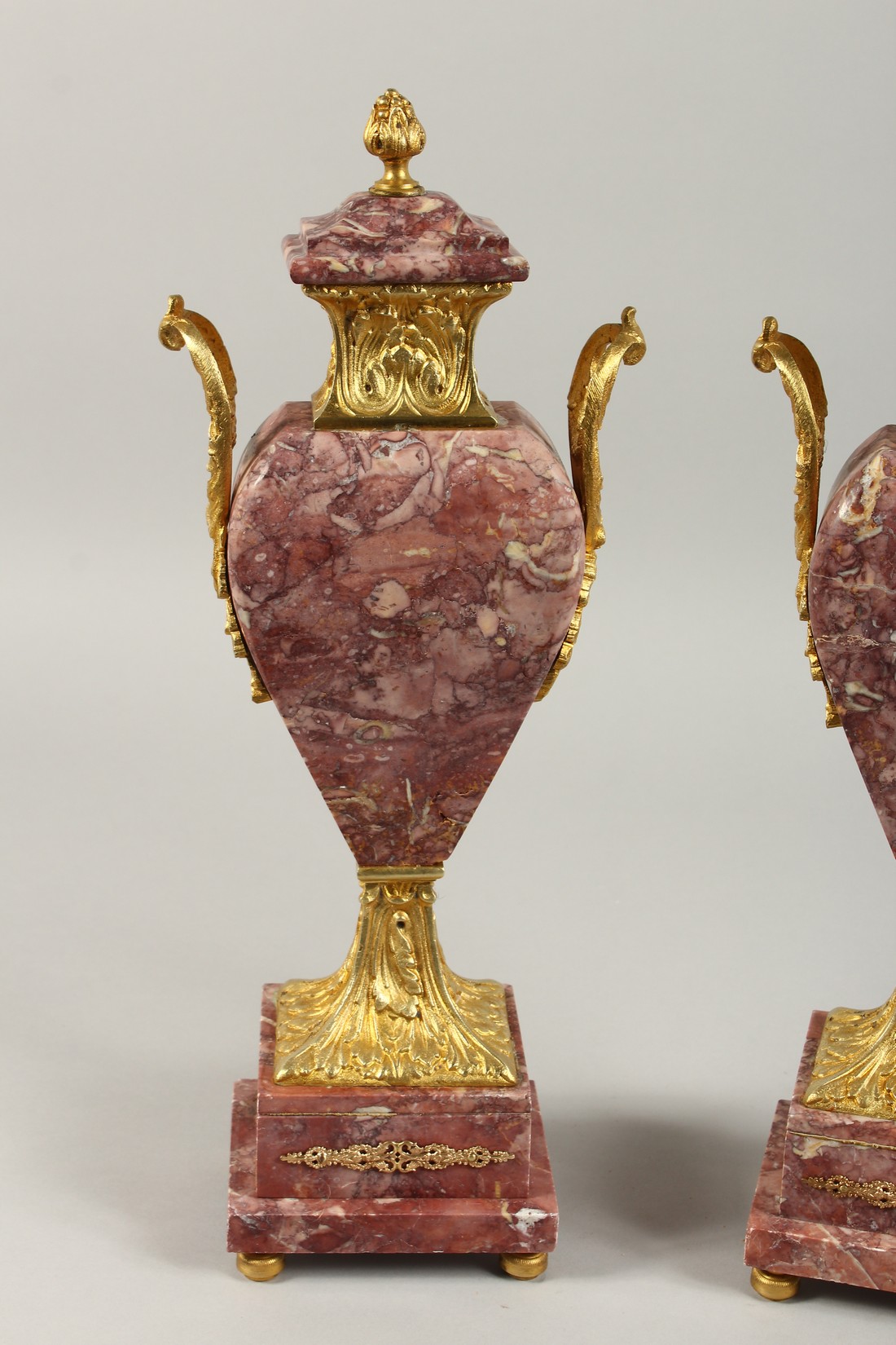 A GOOD PAIR OF MARBLE AND ORMOLU TWO HANDLED SIDE PIECES. 15ins high. - Image 2 of 6