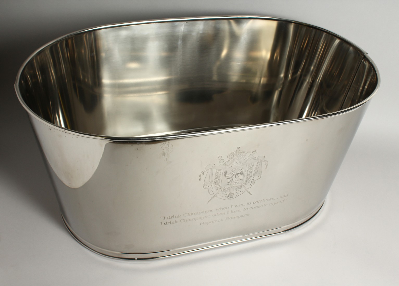 A LARGE LILY BOLLINGER OVAL SILVER-PLATED WINE COOLER. 25ins long - Image 3 of 3