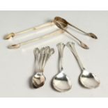 A PAIR OF GEORGE III SUGAR TONGS AND SUNDAY SPOONS.