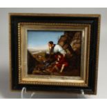 A GOOD 19TH CENTURY CONTINENTAL PORCELAIN PLAQUE classical scene, huntsman and child. 6.5ins x