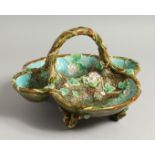 A MINTON MAJOLICA FOUR DIVISION STRAWBERRY DISH, possibly George Jones, green and turquoise