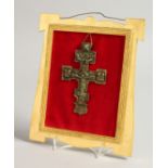 A RUSSIAN MOUNTED CROSS, FRAMED. 5ins x 3ins.