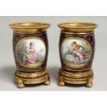 A VERY GOOD PAIR OF SMALL SEVRES VASES with ormolu panels, the porcelain edged in gilt and painted