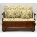 A LONG GEORGIAN MAHOGANY SETTEE with show wood arms and padded back and seat. 4ft 8ins long.