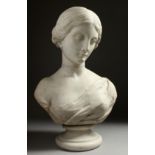 A VICTORIAN CARVED WHITE MARBLE BUST OF A YOUNG LADY. 20ins high.