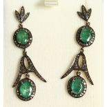 A PAIR OF ROSE DIAMOND AND EMERALD DROP EARRINGS