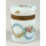 A VICTORIAN OPALINE PAINTED JAR AND COVER.