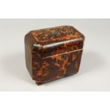 A GOOD REGENCY TORTOISESHELL TWO DIVISION TEA CADDY with crossbanded domed top. 7ins long, 6ins