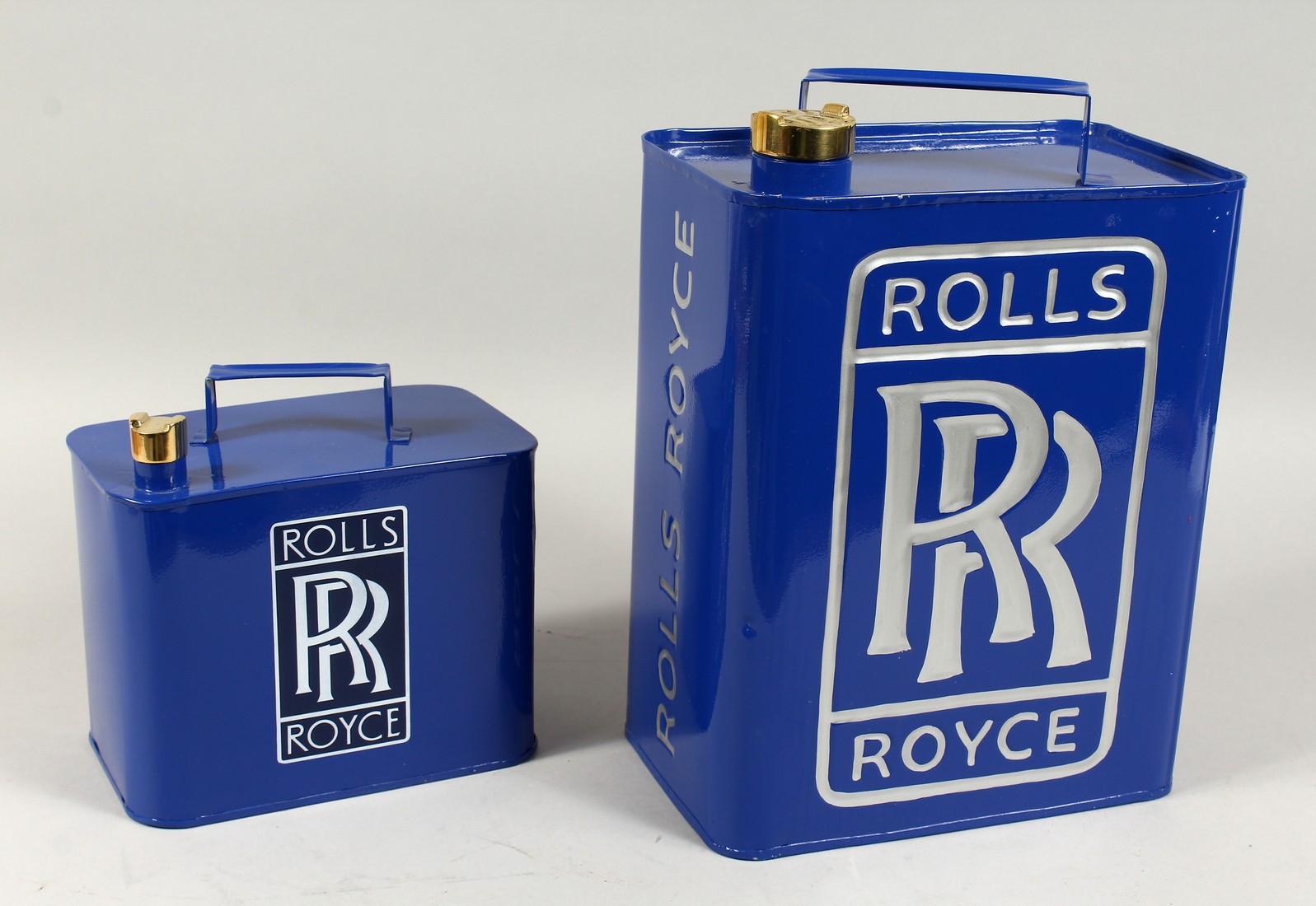 TWO "ROLLS ROYCE" BLUE TIN JERRY CANS.