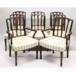 A GOOD SET OF EIGHT HEPPLEWHITE MAHOGANY DINING CHAIRS, two with arms, all with curving cresting