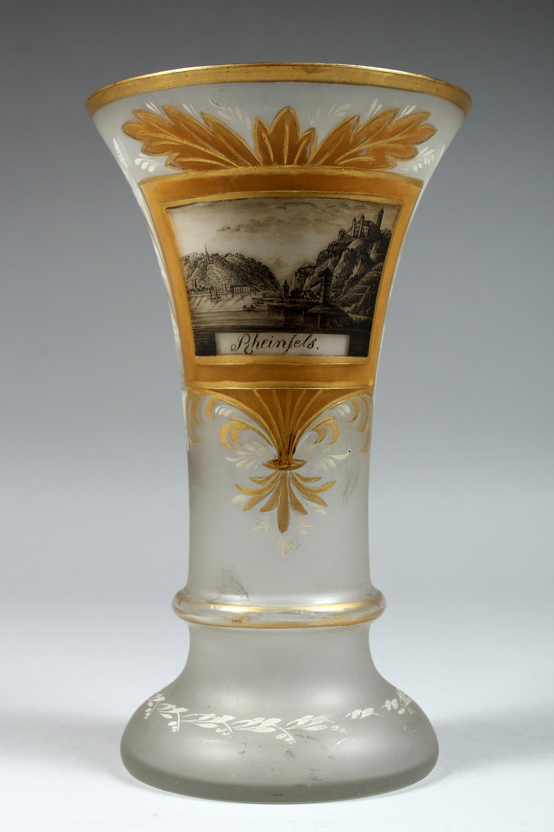 A GOOD FROSTED GLASS VASE with a scene of Rheinfels. 8ins high.