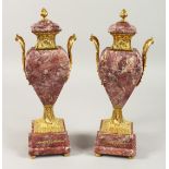 A GOOD PAIR OF MARBLE AND ORMOLU TWO HANDLED SIDE PIECES. 15ins high.