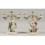 A CONTINENTAL PORCELAIN CANDLESTICK GROUP two young ladies with double scrolling candles branches,