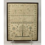 A FRAMED AND GLAZED SAMPLER, Elizabeth Tyler, Aged 12. 17ins x 13ins.