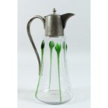 A GOOD ART DECO GLASS TAPERING WINE JUG with pewter mount and handle.